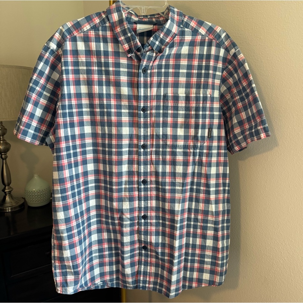 Columbia Short Sleeve Cotton Button Down - Washed Red White & Blue - Size Large